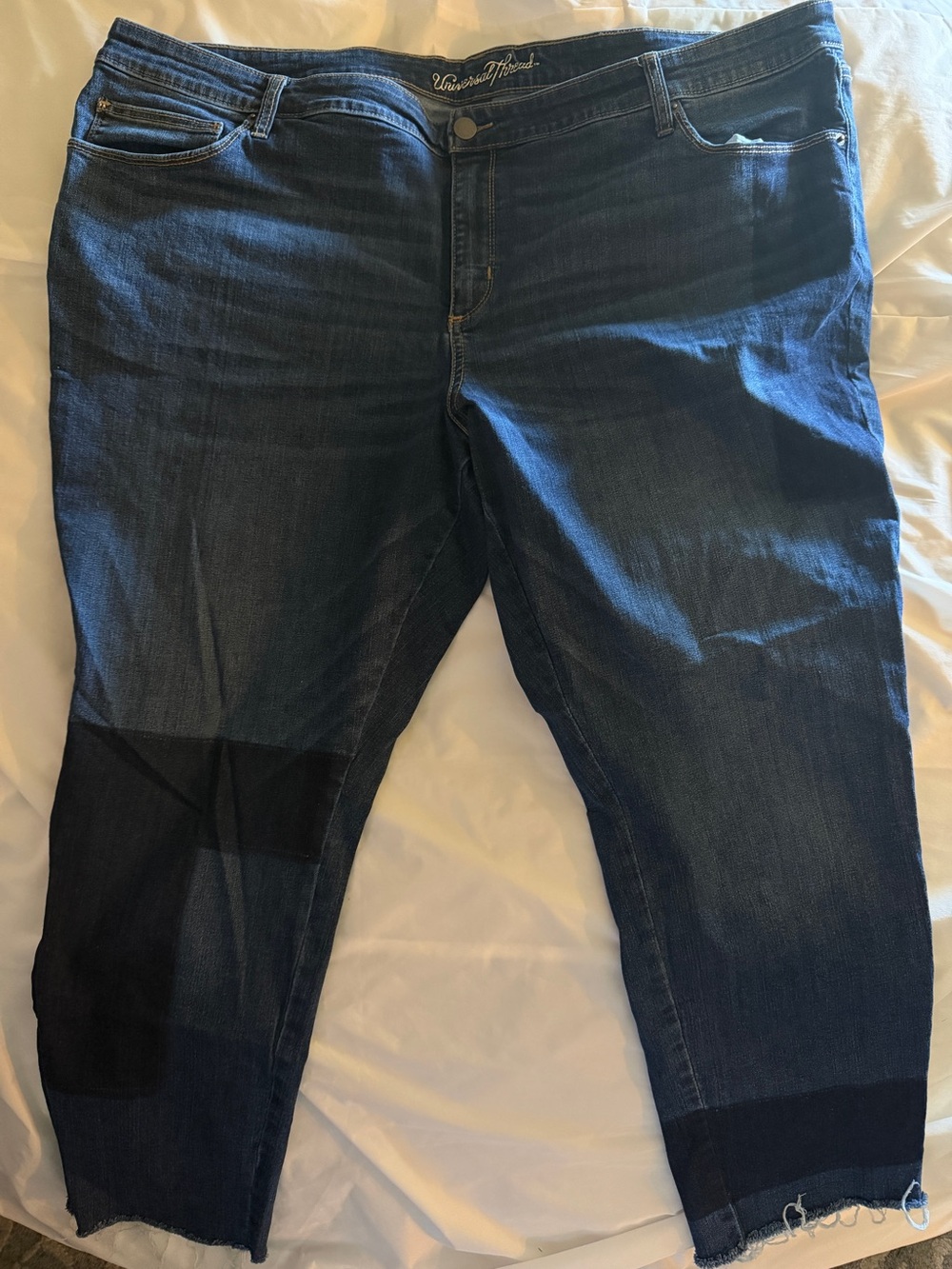 Universal Thread Frayed Hem Denim Jeans with “Patchwork” Detail
